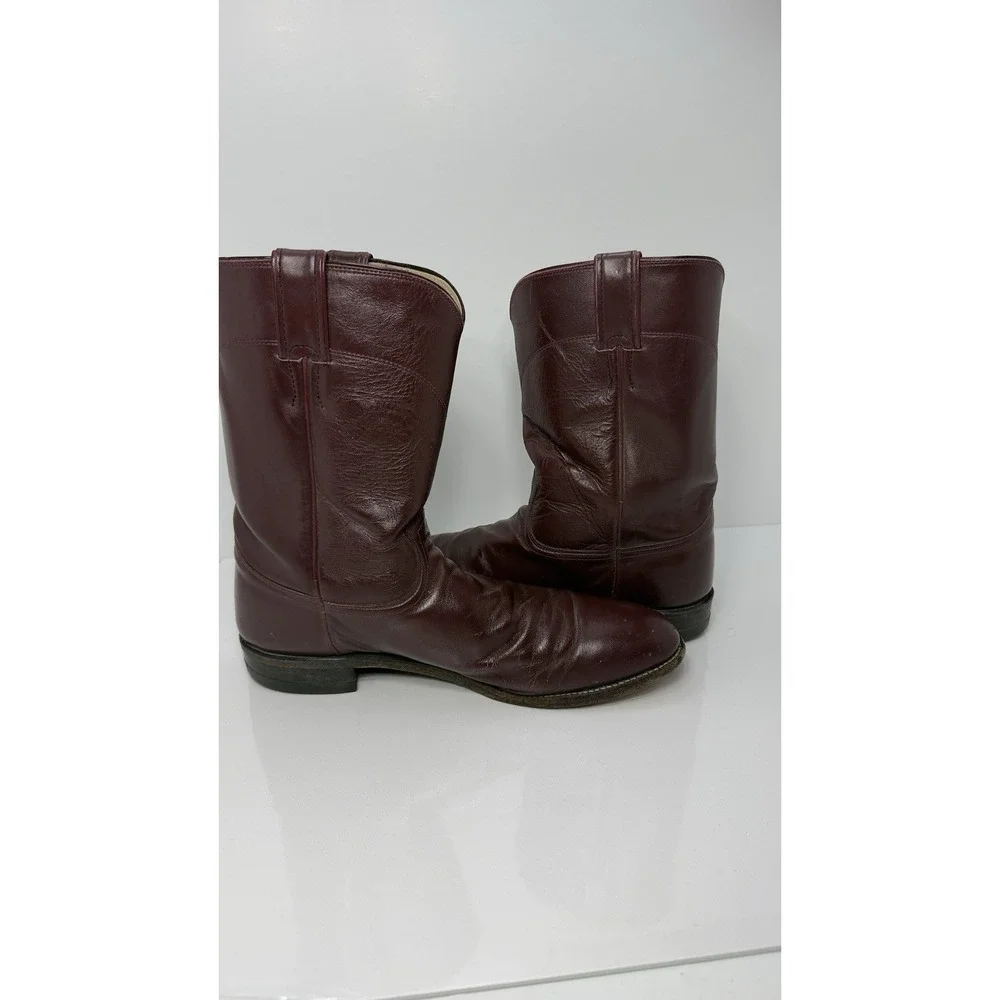 Justin 3037 Men 11 B Burgundy Leather Round Toe Ropers Western Cowboy Boots - Picture 4 of 11